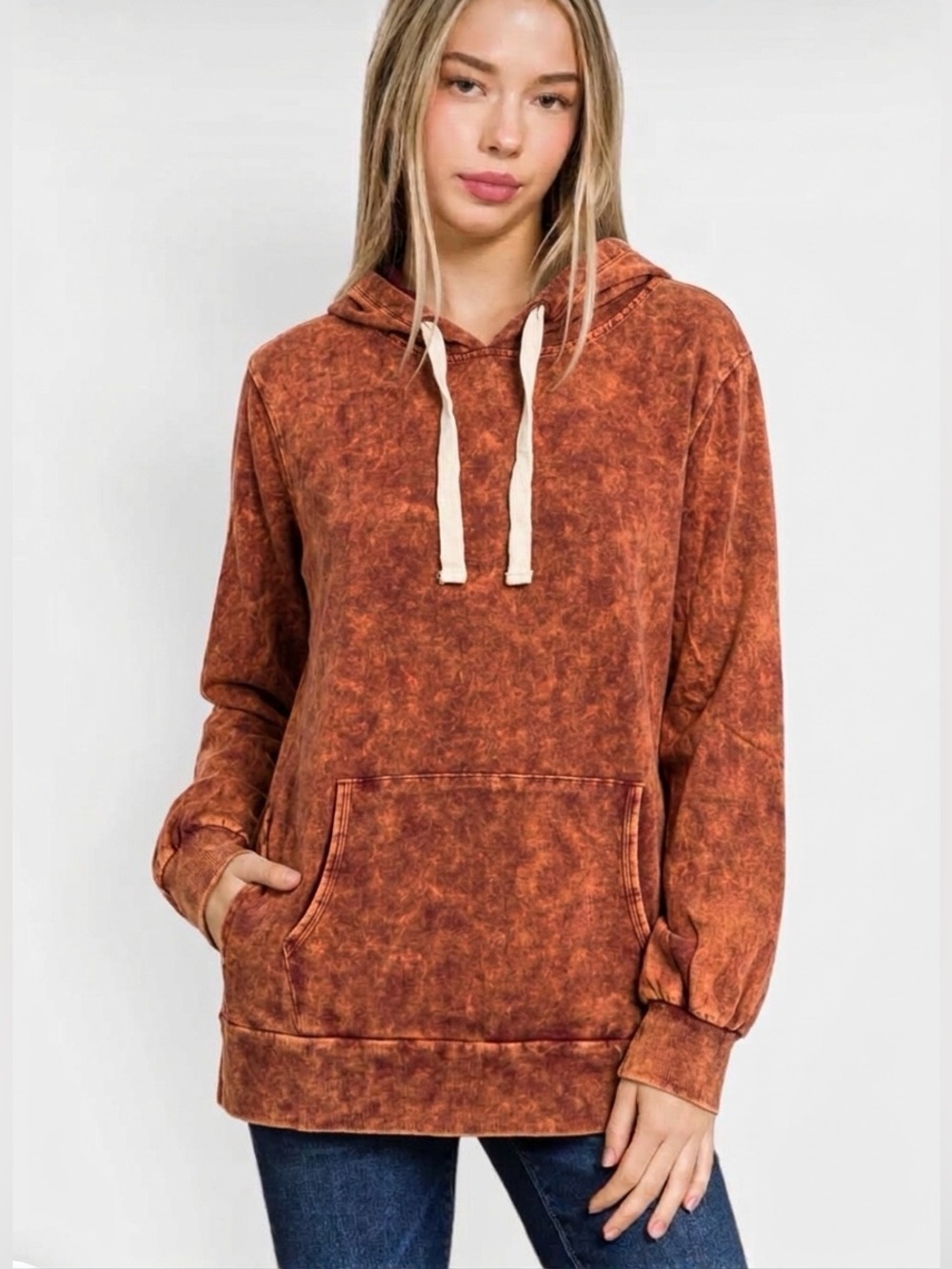 NWOT Zenana Outfitters Lightweight Mineral Wash Rust Hoodie w/ Cream Drawstrings